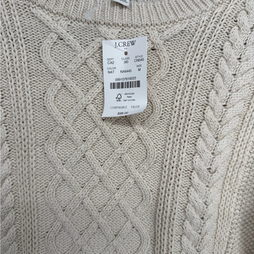J.Crew Cable Knit Sweater Cream 100% Cotton Size Medium NWT - Picture 2 of 3